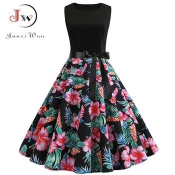 

Plus Size Robe Vintage Rockabilly Dress Women Summer Dresses Floral Print Casual a line Sexy Sleeveless Office Party Midi Dress
