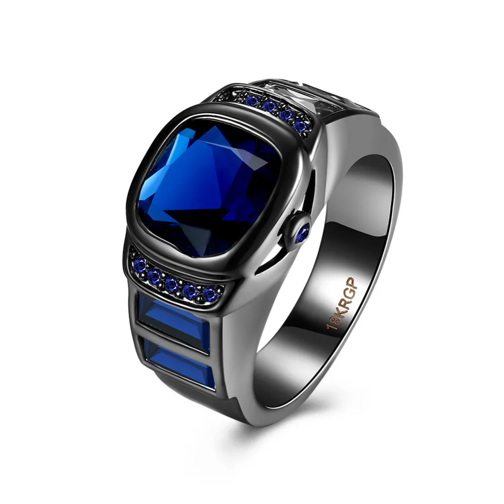 Новая мода черный пистолет покрытием синий кристалл геометрический кольцо часы обручальные кольца для женщин LKN18KRGPR869-A