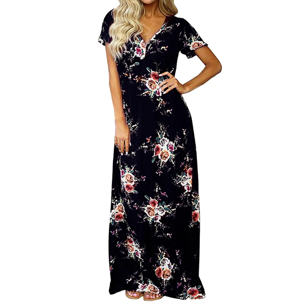 CHAMSGEND2019 женское Модное Длинное богемное платье, летнее повседневное винтажное платье с принтом и коротким рукавом, элегантное богемное пляжное платье - Цвет: Navy