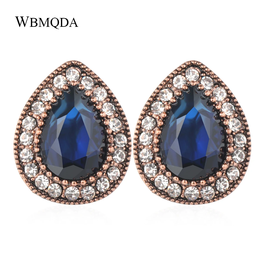 

2019 Boho Big Blue Stone Earring Antique Gold Mosaic Crystal Vintage Red Wedding Earrings For Women Turkish Jewelry