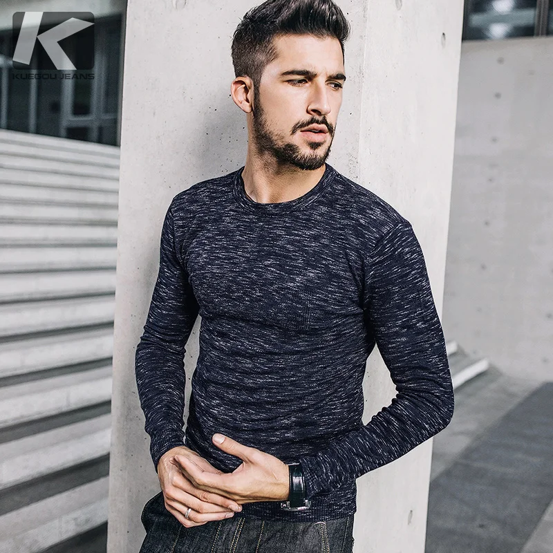 

KUEGOU New Autumn Mens Sweaters Army Green Blue Color Knitted Brand Clothing For Man Slim Pullovers Male Knitwear Clothes 1703
