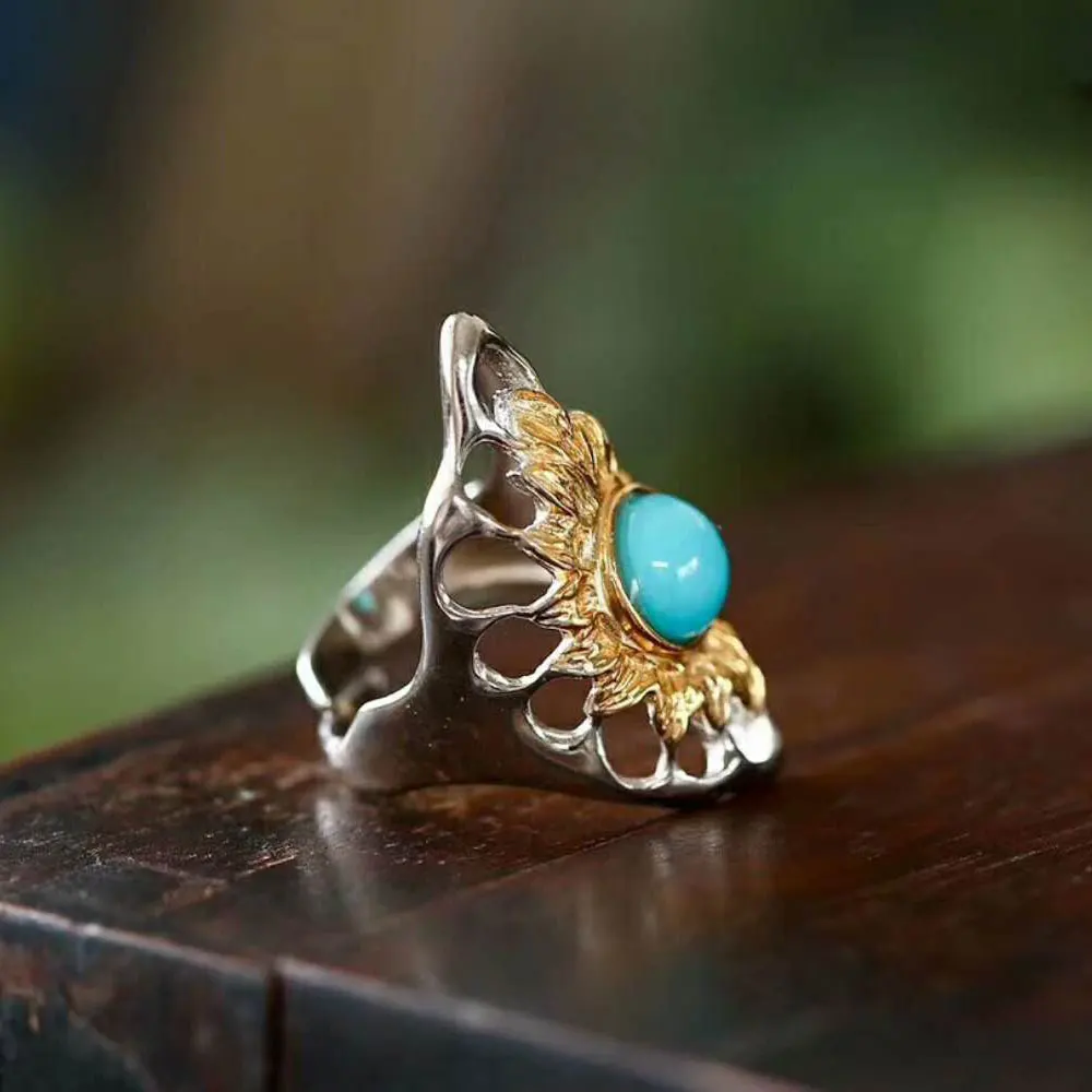 

RADHORSE 925 Silver Rings for Women Fine Jewelry Turquoise Sun Flower Hollow Modeling Sterling Silver Ring Opening Silver Ring