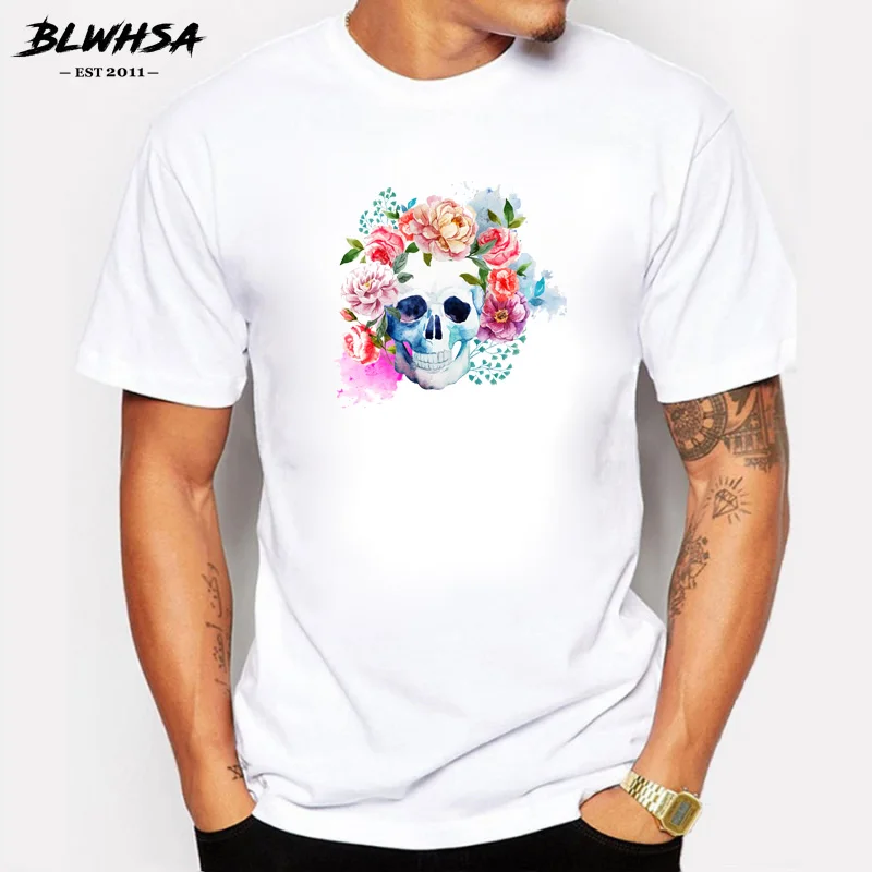 

BLWHSA New Arrivals Men T-shirt Summer Flower Skull Head Printed 3d Man T Shirt Cool Top Fashion Novelty Tee