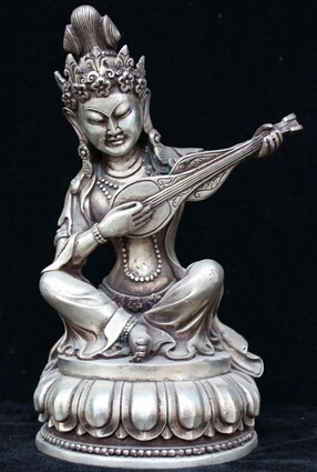 

0 10" Chinese Silver Music Musical Master Hold Guitar Buddha Seaten Base Statue