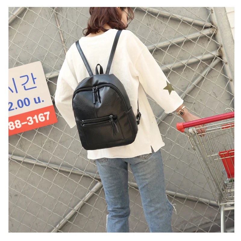 

Pu Leather Backpack Women Fashion Backpacks Black New Korean travel bags for women, college student soft school woman bag