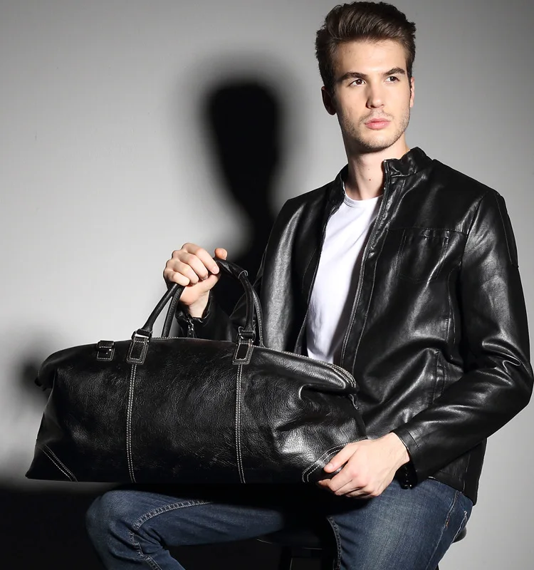 Outdoor Model Show of Woosir Genuine Leather Black Duffel Bag