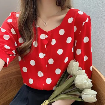 

Blouse Women Polka Dot Tops Short Sleeve Simple Loose Square Collar Elegant Office Lady Summer Casual Tops Button Up Chiffon