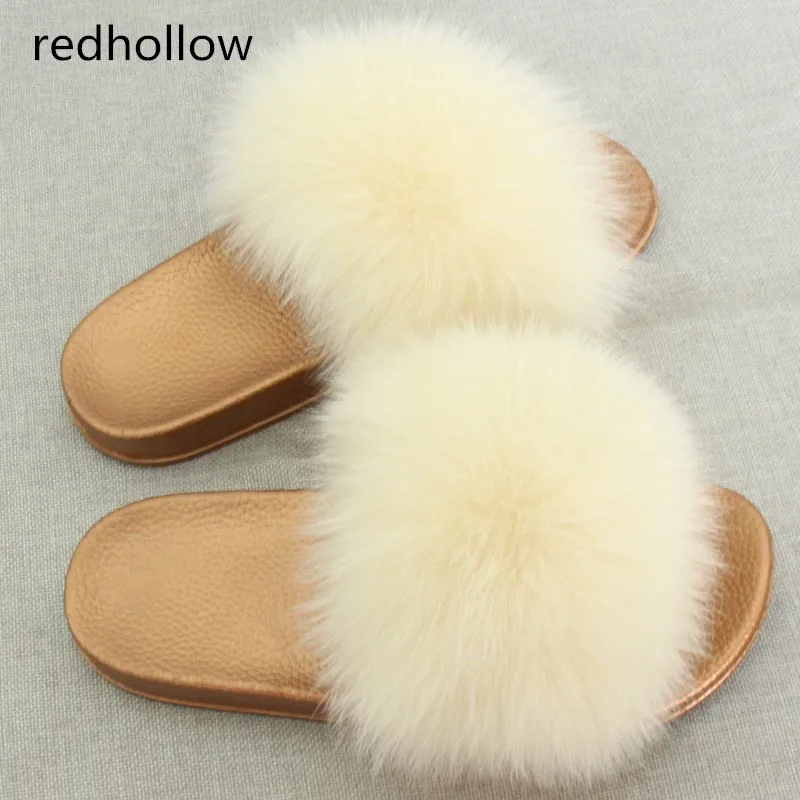 

2018 Summer 23 Colors Warm Women Fur Slippers Fashion Real Fox Fur Beach Sandal Shoes Fluffy Comfy Furry Flip Flops Platform