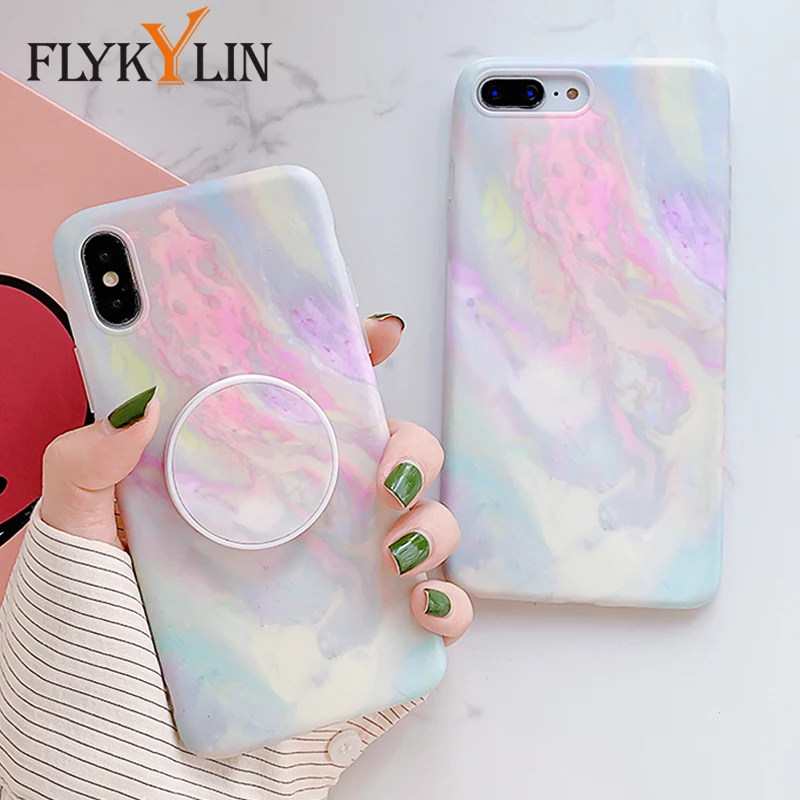 

FLYKYLIN Cute Pink Marble Case For iphone XS Max XR X 6 S 6S 7 8 Plus Back Cover on Soft IMD Silicone Matte Coque Holder Stand