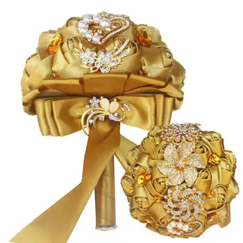 

European And American Luxury Gold Artificial Flower Rhinestones Ribbon Bouquet Wedding Bridal Holding Flowers Decoration Flower