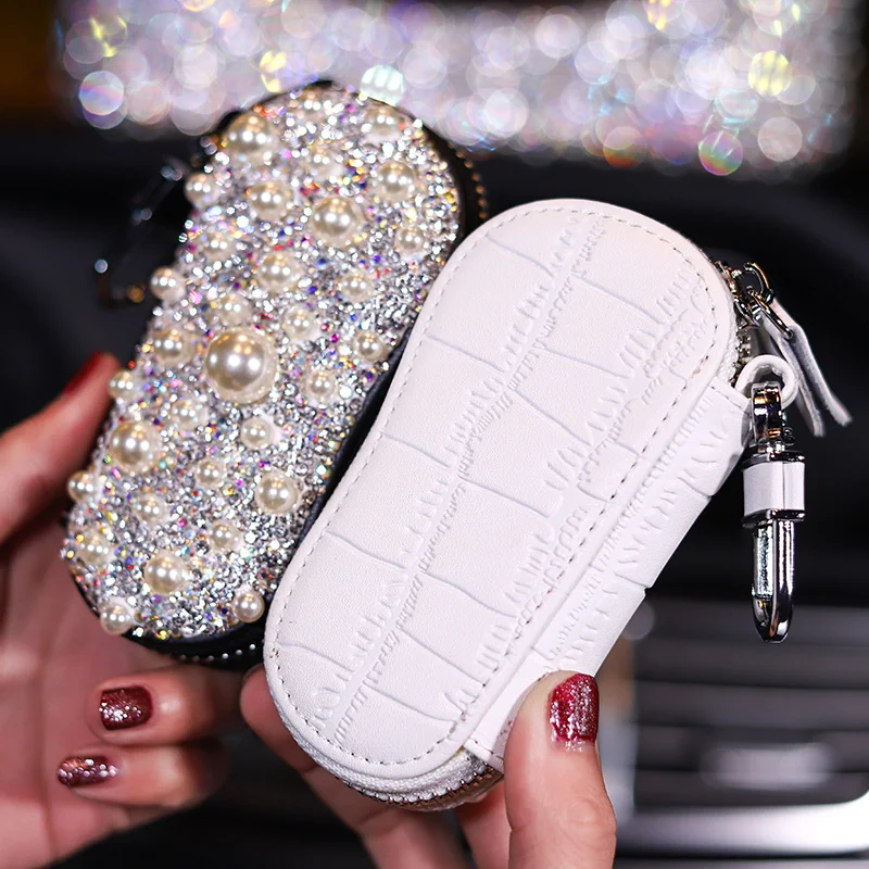 Luxury-Diamond-Pearl-Car-Key-Case-Cover-Genuine-Leather-Key-Shell-Key-Chain-for-Women-Girls-Bling-Rhinestones-Key-Cover-4