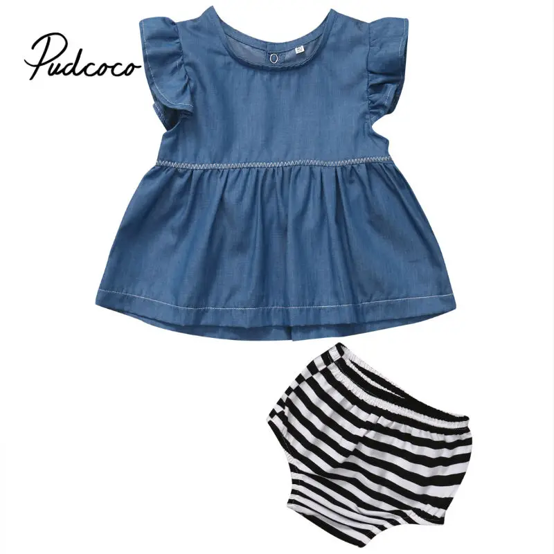 

pudcoco 2019 Summer baby girl clothing set T-shirt Tops+Denim Short baby girl clothes Newborn Outfits 70-100 size