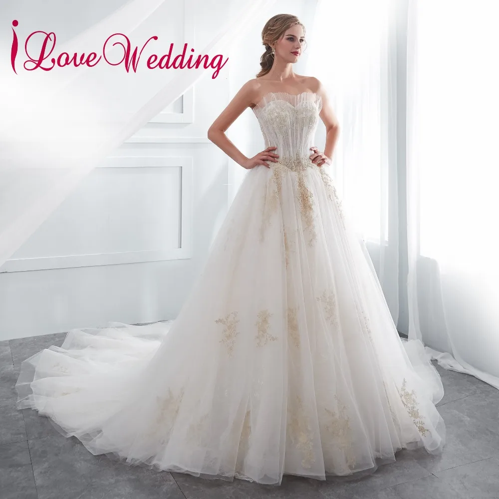 2018 Ball Gown Wedding Dress Gold Lace Applique Beaded Custom Made