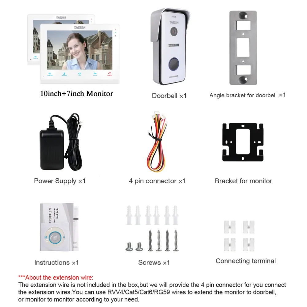 TMEZON Wireless/Wifi Smart IP Video Doorbell Intercom System,10 Inch+7 Inch Screen Monitor with 1x720P Wired Door Phone Camera