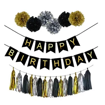 

Black Happy Birthday Banner Paper Tissue Garland Pompom Baby Shower Birthday Decorations Girl Boy Adults Party Backdrop Favors