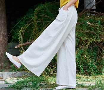 

2019 New Summer Women Solid Color Wide Leg Pants Sashes Elastic Waist Pleated Casual Trousers Cotton Linen Loose Long Pants