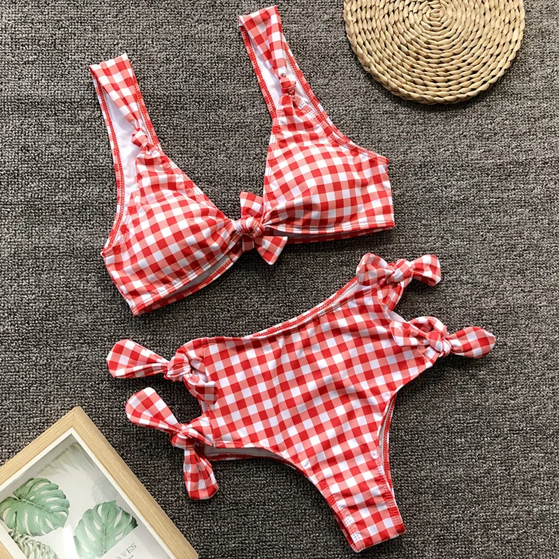 

New Dot high waist bikini 2019 Women Bow tie Knot swimsuit Female sexy Plaid swimwear Two pieces bikini set Push up bathing suit