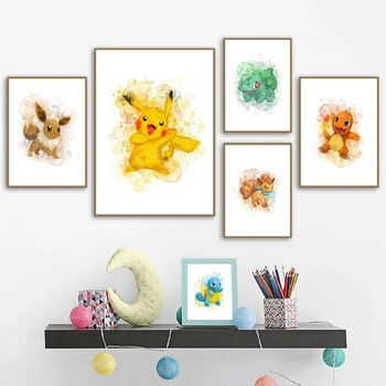 

Pokemon Watercolor Wall Art Canvas Posters Painting Pikachu Eevee Squirtle Vulpix Charmander Wall Pictures Print Kids Room Decor