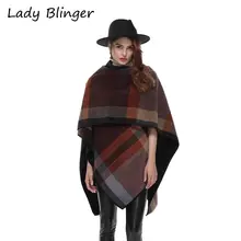 Lady Blinger coffee brown check plaid poncho women fashion winter wraps big size cashmere stoles lady large shawl female cape
