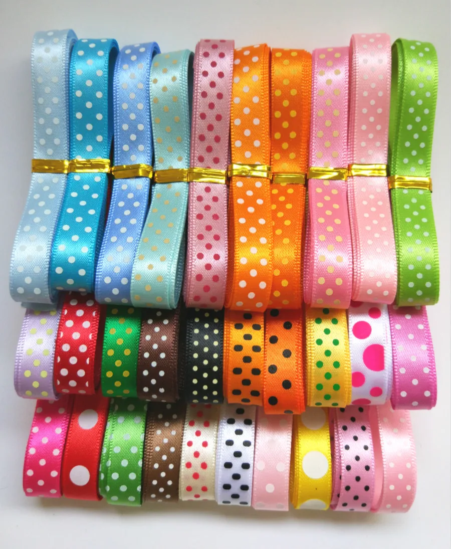 

Random set 3/8"9mm mix10/20 style lively polka dots printed satin ribbons ,1Y/style STYD0910-20