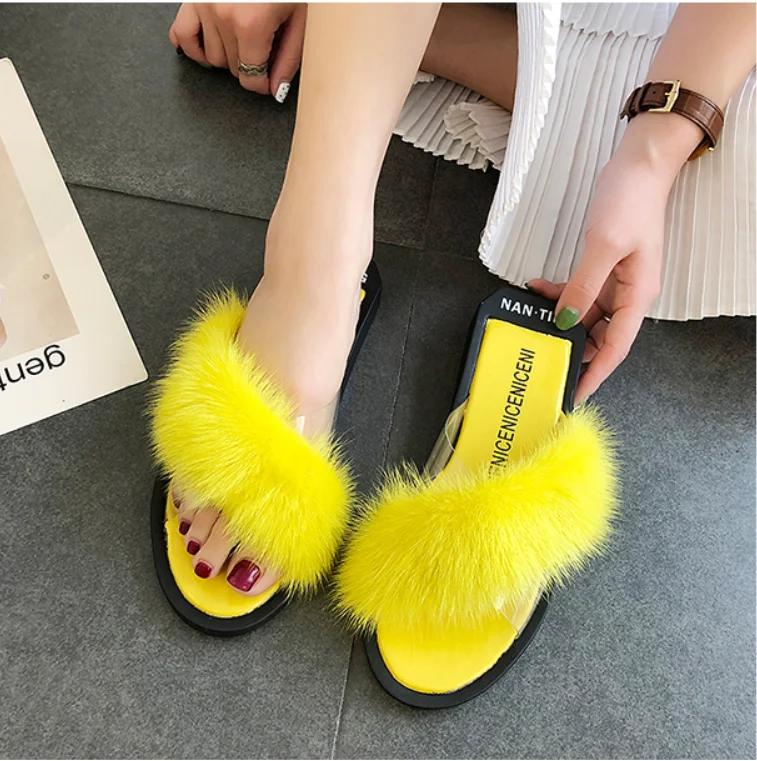 

2019 Fur Furry Slides Women Home Slippers with Feathers Female Sweet Sandals Beach Shoes Summer Fashion Flip Flops