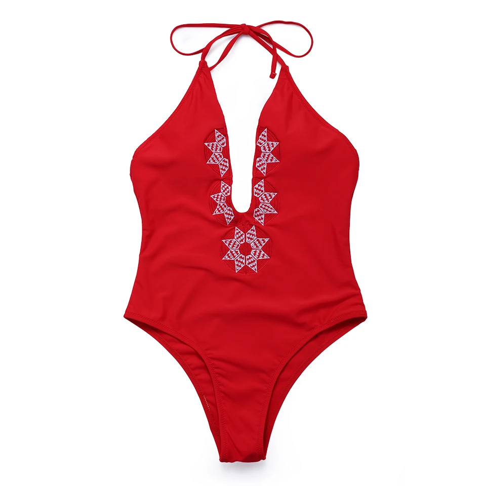 JABERNI Sexy Red Halter One Piece Swimsuit Women Swimwear Cut Out