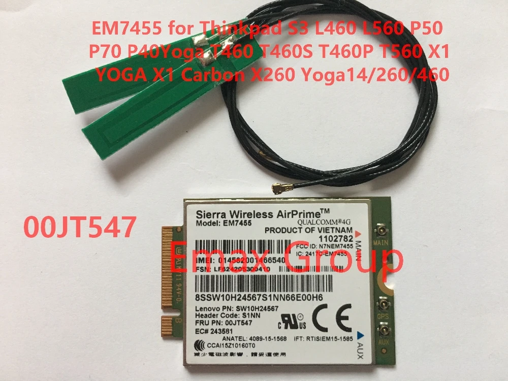 EM7455 FRU 00JT547 + антенна для Thinkpad X1 Carbon 5-го поколения L460 L560 P70 T460S T460P T560 YOGA 4-го X260 |