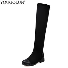 Low Heel Thigh High Boots Women Autumn Ladies Flock Square Heel Shoes A234 Woman Black Blue Round Toe Over The Knee High Boots jeans denim gladiator fringe blue over the knee high thigh high autumn boots sexy open toe chunky heel women boots