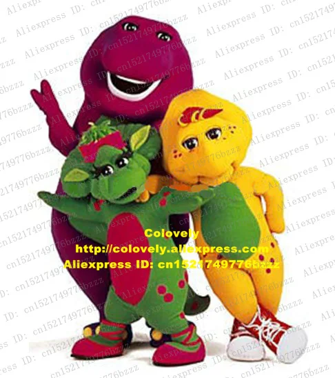 

Quiet Green Yellow Purple Barney Baby Bop BJ Barney's Friends Dinosaur Dino Mascot Costume With Bright Eyes Short Tail No.8321