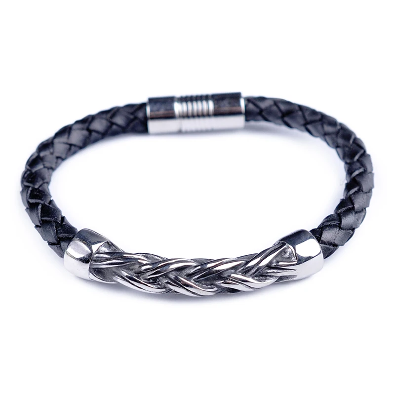 

Black Brown Color Bangles Men And Wome Vintage Leather Chain Bracelet Stainless Steel Bend Pipe Magnet Clasp Charm Bracelets
