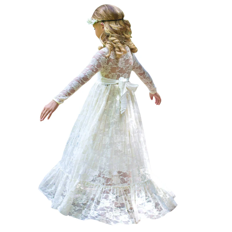 

Girl Lace Long Dress With Flower For Age 3-8 Baby Kids Princess Wedding Prom Party Dress White Big Bow Long Sleeved Dress