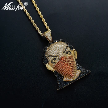 

Missfox Creative Masked Girl Avatar Pendant Necklace Zircon Gold Trendy Copper Jewelry Unique Hip Hop Top Quality Mens Necklaces