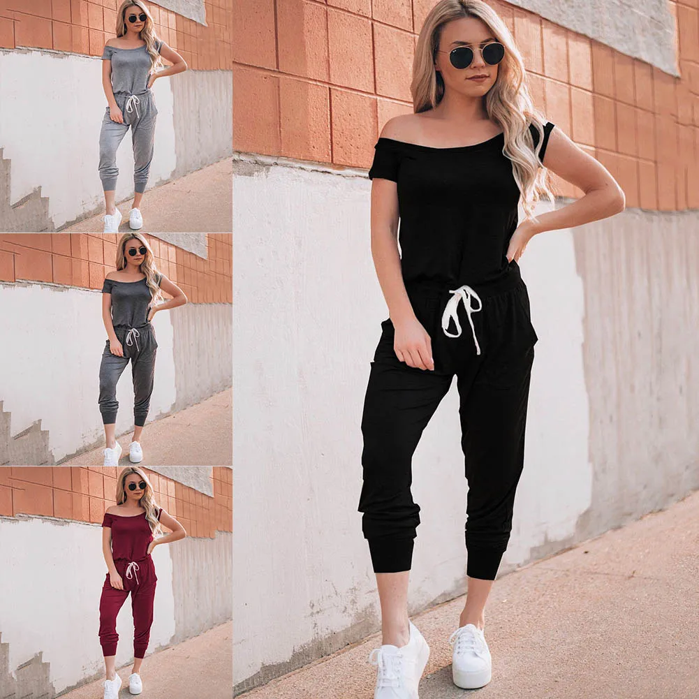 

2019 Newly Women Jumpsuits Solid Color Short Sleeves Off Shoulder Tied Jumper for Summer MSJ99