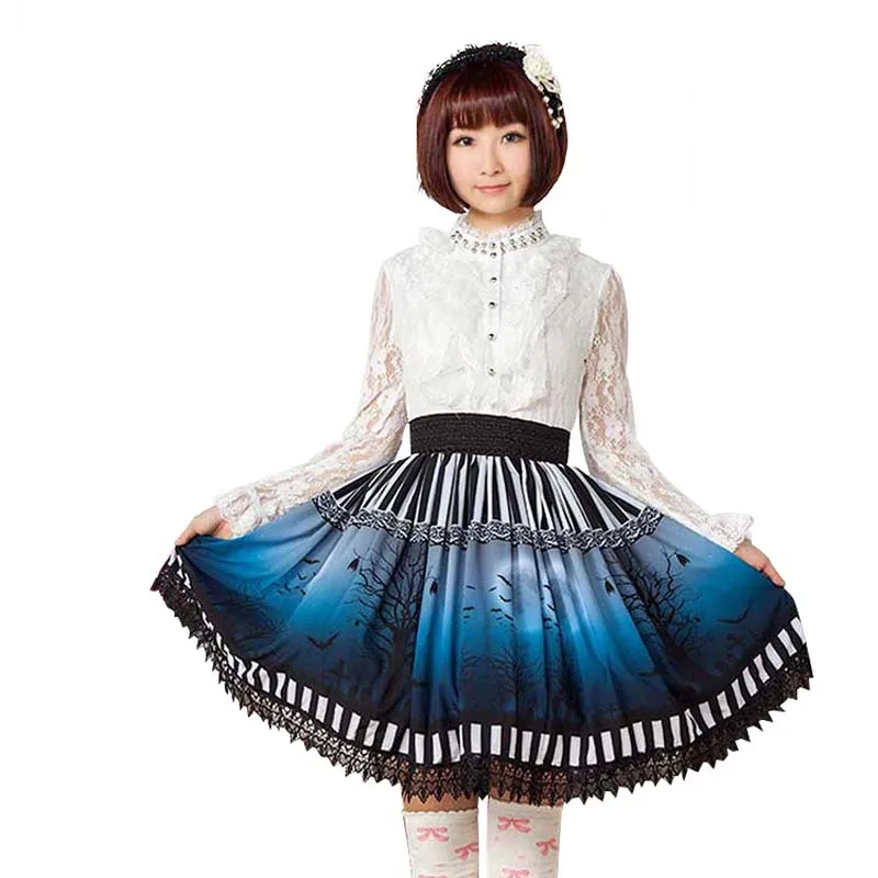 

Gothic black Tree and Bat Printed Lolita Skirt Lace tirm Polyester japanese summer Mori girls fashion elastic waist