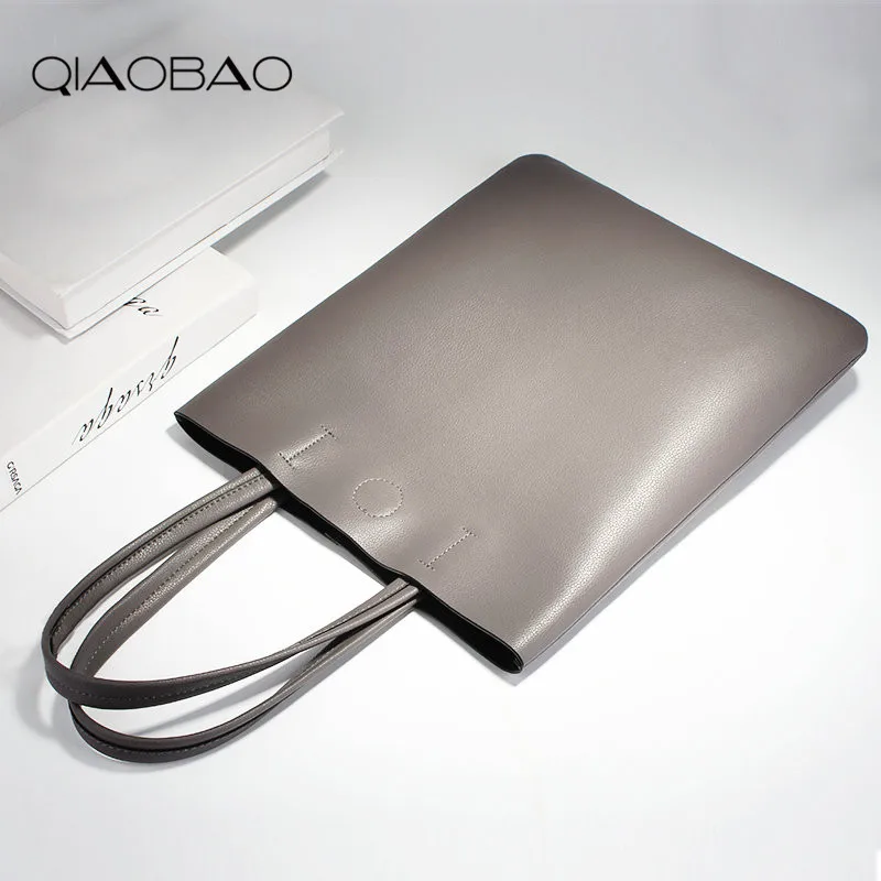 QIAO BAO 2017 New Cowskin Tote Female Genuine Leather Handbag Lady Simple Wild Students White Collar