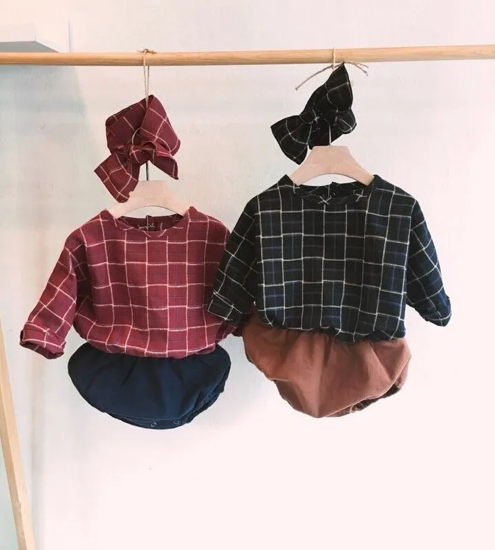 

0-2Y Korean Design Twins Costume Plaid Romper for Age Baby Girls Patchwork Jumpsuit Kids Infant Romper+Headwear Children Clothes
