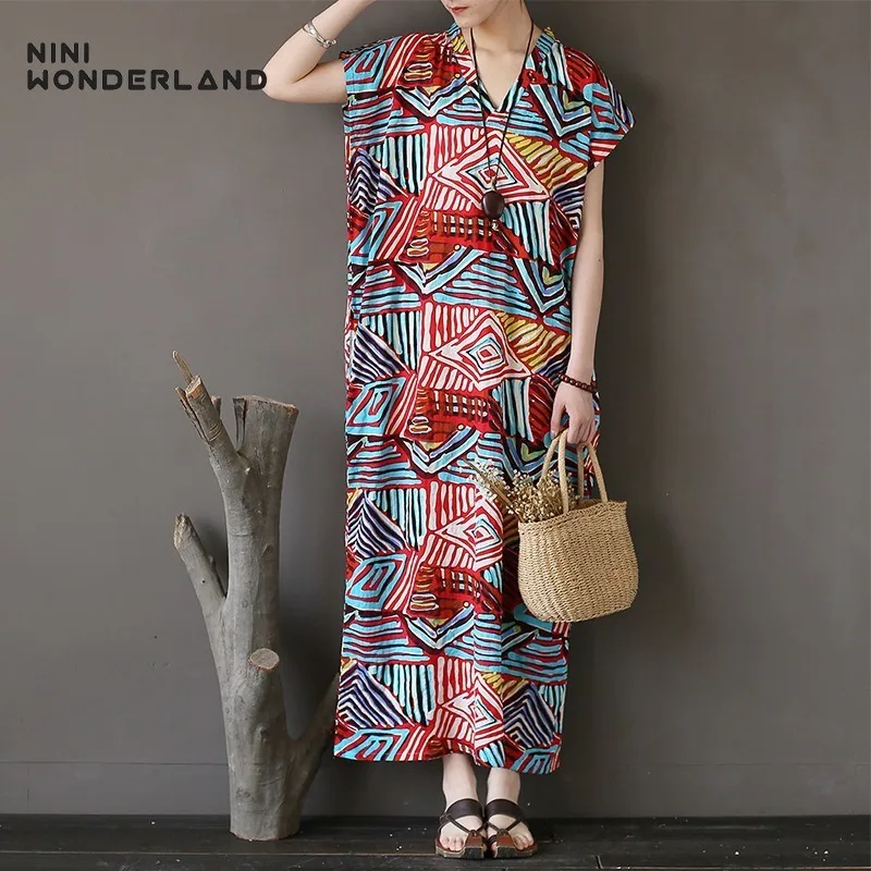

NINI WONDERLAND Women Print Cotton Dress 2019 Summer V Neck Printing Vintage Dresses Big Size Female Loose Dress Batwing Sleeve