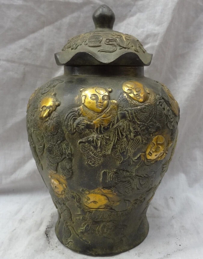 

10" Chinese Bronze Gilt Buddhism 8 Auspicious Symbol Kid Statue Canister Pot D0317