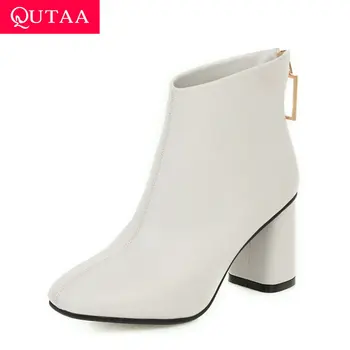 

QUTAA 2020 PU Leather Square Heel Ankle Boots Fashion Crystal Zipper Square Toe Warm Fur Autumn Winter Women Shoes Size 34-43