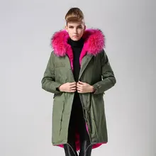 Лидер продаж, розовая Женская модная длинная куртка с воротником из натурального меха енота, теплая зимняя парка с мехом армейского зеленого цвета для mr mrs