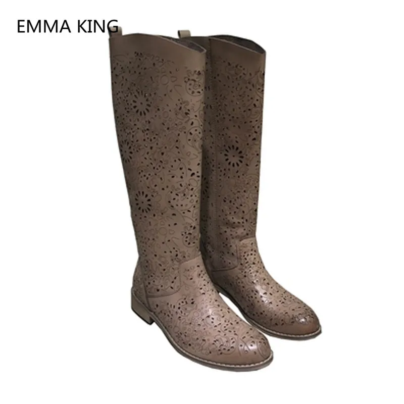 

New Vintage Women Knee High Western Boots Round Toe Slip On Ladies Spring Autumn Hollow Brogue Shoes Woman Long Flat Boots Mujer