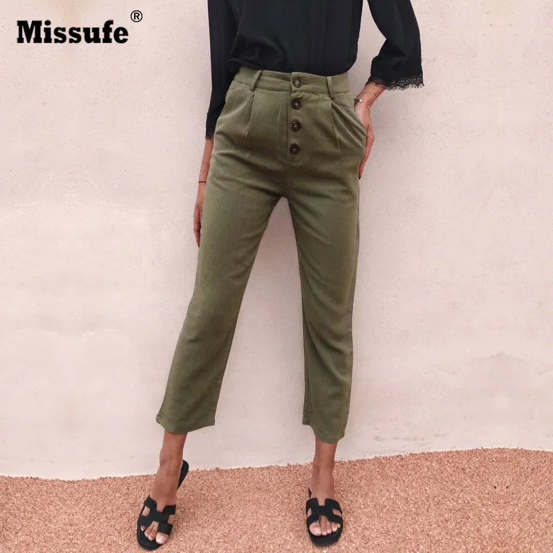 Missufe однотонные винтажные брюки женские тонкие повседневные брюки женские с высокой талией карманные брюки женские 2018 модные