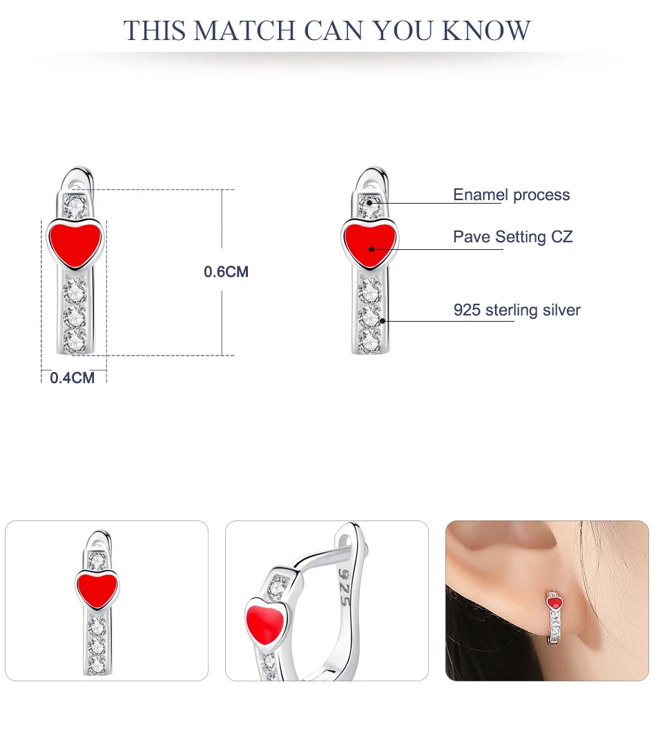 Серьги-гвоздики для детей, детские прозрачные фианиты с кристаллами, Красная эмаль, серьги в форме сердца, 925 пробы, серебряные ювелирные изделия, подарок