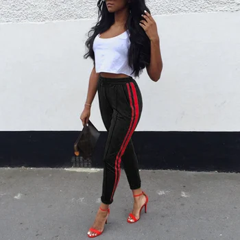 

Side Striped Pants Women Fashion Trousers Casual High Elastic Waist Drawstring Slim Pencil Pants Basic Harem Pants