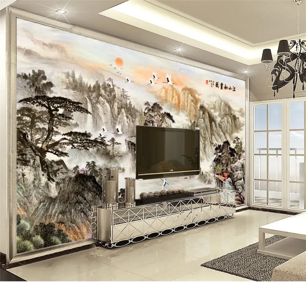 

Custom Any Size 3D Mural Wallpaper Flying Bird Boat Hand-Painted Ink Landscape Painting Home Decor Living Room Wall Covering