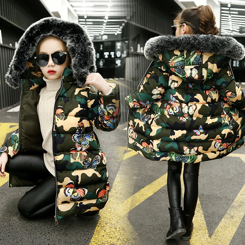 

New 2018 Children Winter Jacket Hooded Coats Camouflage Butterfly Thick Cotton Padded Jackets Girls Down Long Parka Outerwear
