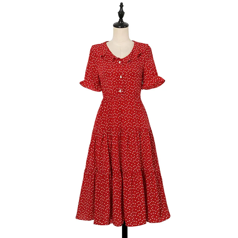 

PERHAPS U women red heart print peter pan collar pearl button short sleeve fit and flare chiffon knee length dress elegant D1044