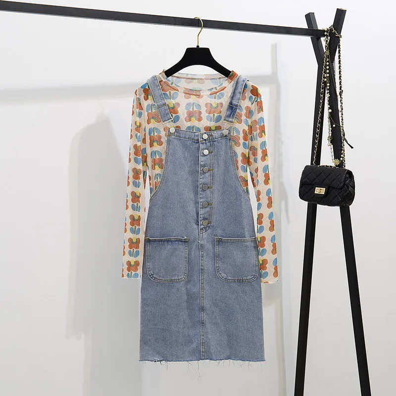 

2019 Summer Women Long Sleeves Flower T-shirt + Denim Dress two-piece set Girls Students Female Suits A1496