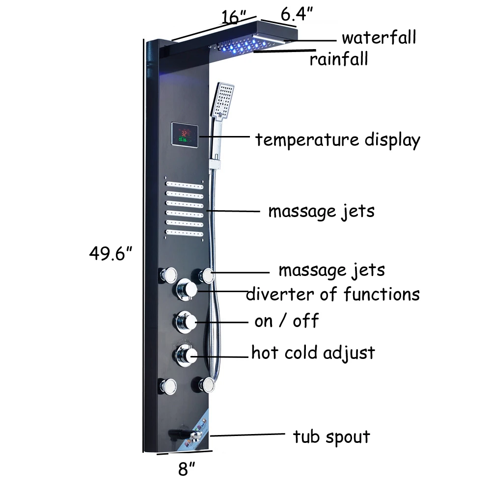 Горячая ванная, светодиодный, черный водопад, душевая панель, настенный, для ванной комнаты, душевой кран, ручной опрыскиватель, полотенце, душевой опрыскиватель