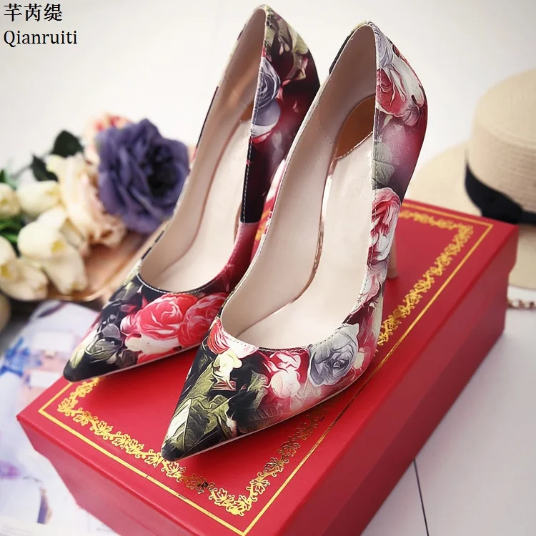 

Qianruiti Printing Leather High Heels Single Shoes Sexy Pointed Toe Stiletto Heels Women Pumps Slip-On Women Wedding Party Shoes